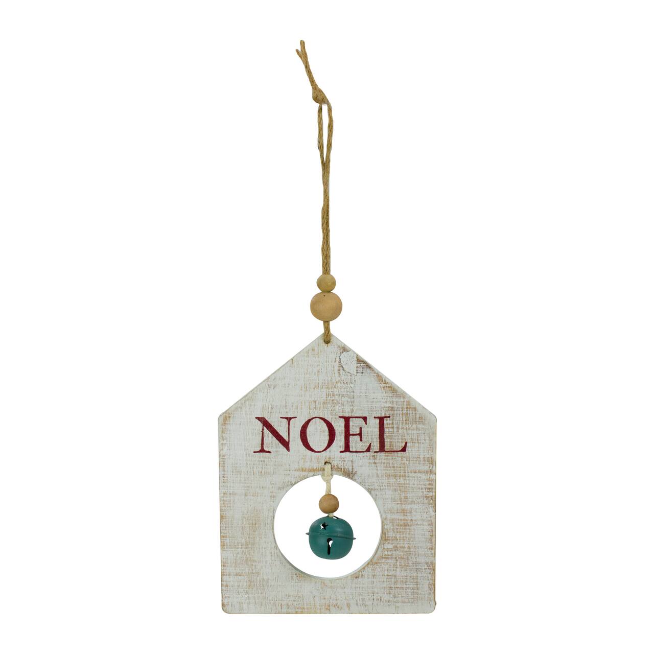 Rustic Wooden "NOEL" with Bell Christmas Tag Ornament - 8" - Green and White